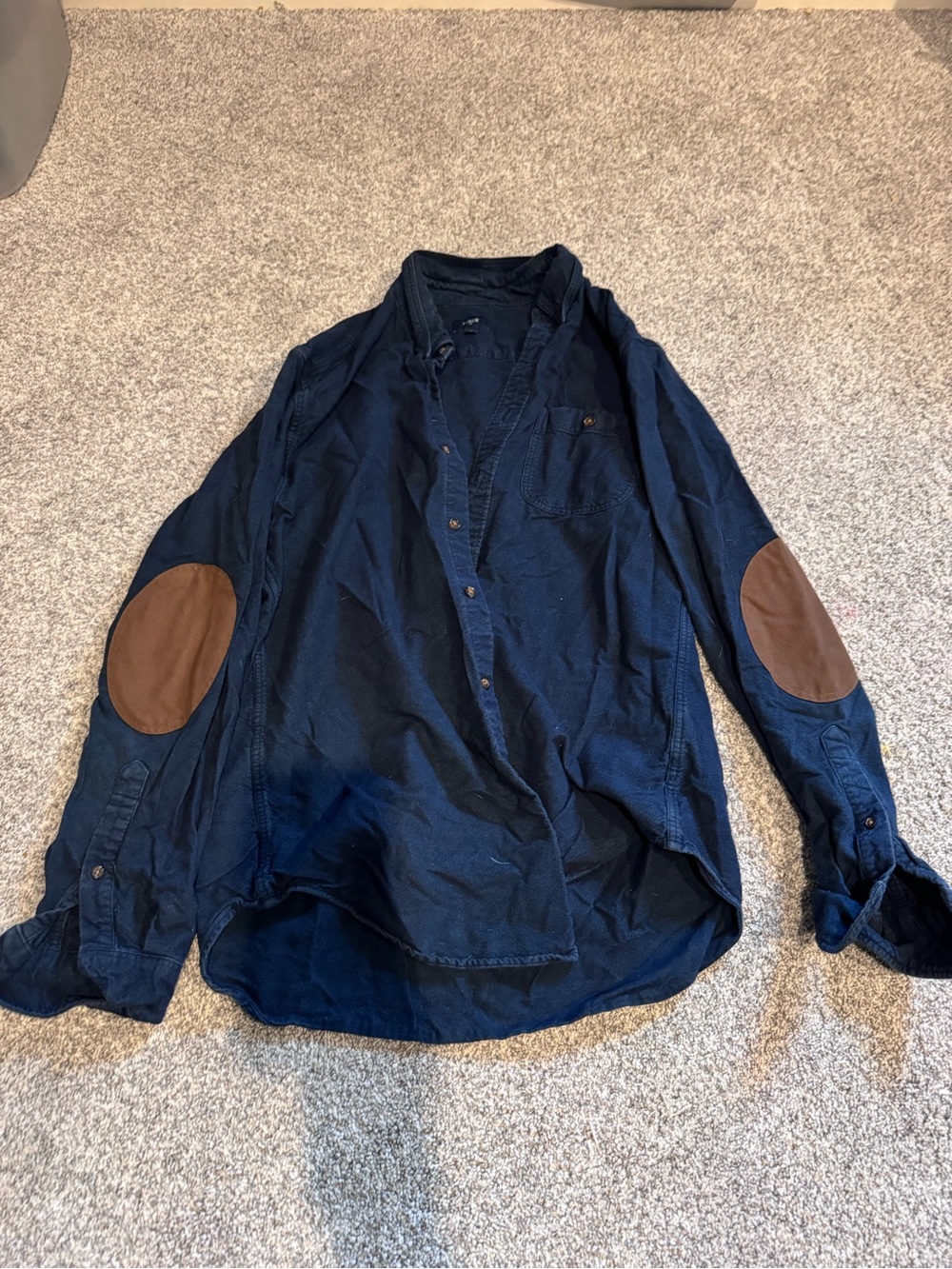 J. Crew Navy Button-Down Shirt with Brown Elbow Patches